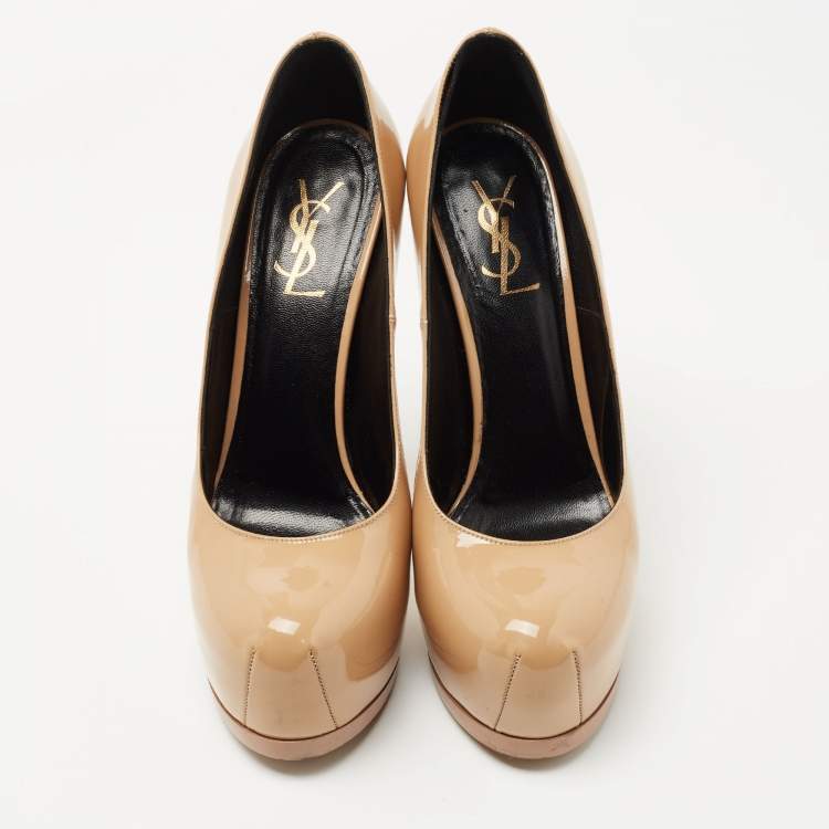 Pre Owned Saint Laurent Beige Patent Leather Tribtoo Platform Pumps Size 38.5
