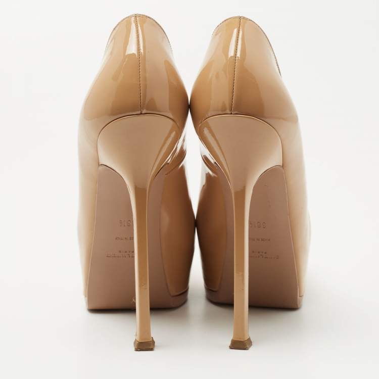 Pre Owned Saint Laurent Beige Patent Leather Tribtoo Platform Pumps Size 38.5