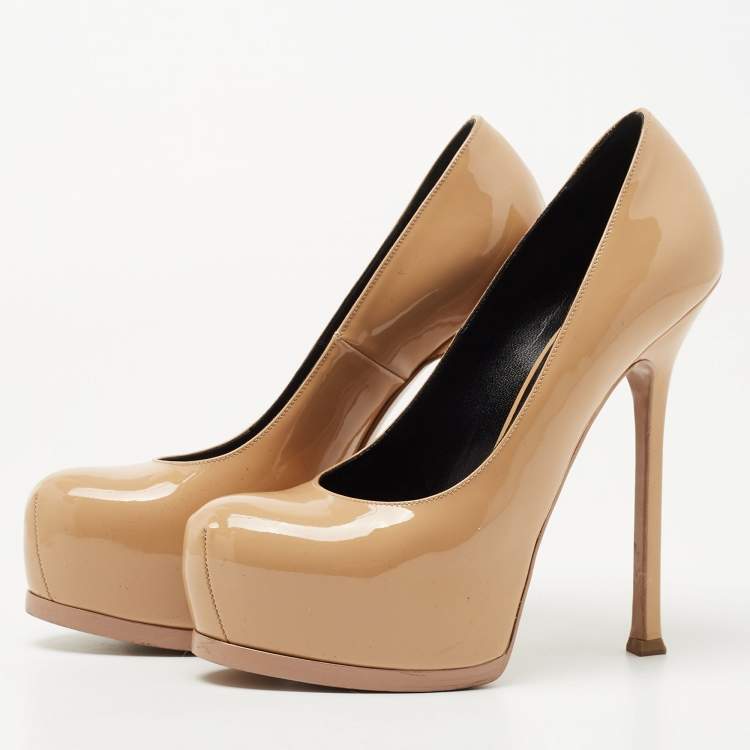 Pre Owned Saint Laurent Beige Patent Leather Tribtoo Platform Pumps Size 38.5