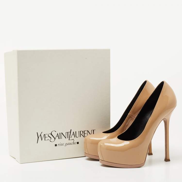Pre Owned Saint Laurent Beige Patent Leather Tribtoo Platform Pumps Size 38.5