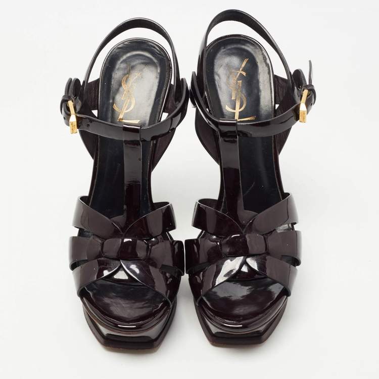 Pre Owned Saint Laurent Burgundy Patent Leather Tribute Platform Ankle Strap Sandals Size 36