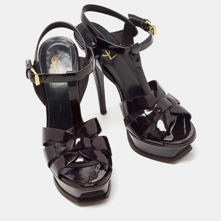Pre Owned Saint Laurent Burgundy Patent Leather Tribute Platform Ankle Strap Sandals Size 36