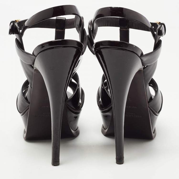 Pre Owned Saint Laurent Burgundy Patent Leather Tribute Platform Ankle Strap Sandals Size 36