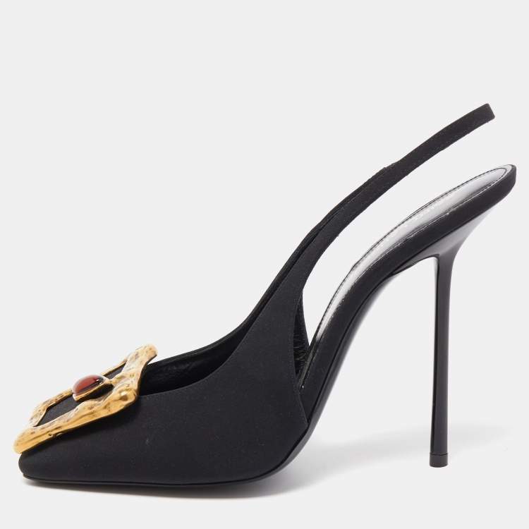 Pre Owned Saint Laurent Black Canvas  Buckle Detail Maxine Slingback Pumps Size 39