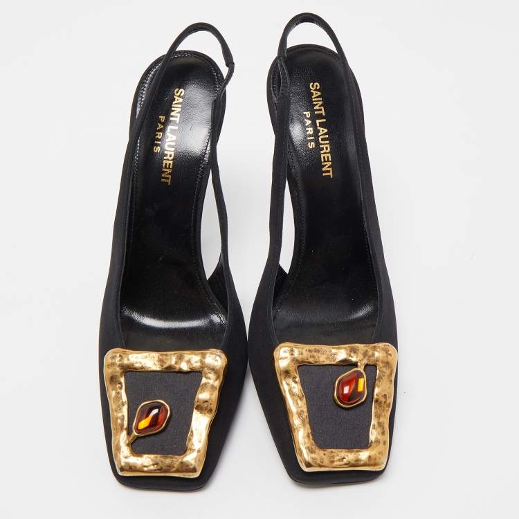 Pre Owned Saint Laurent Black Canvas  Buckle Detail Maxine Slingback Pumps Size 39