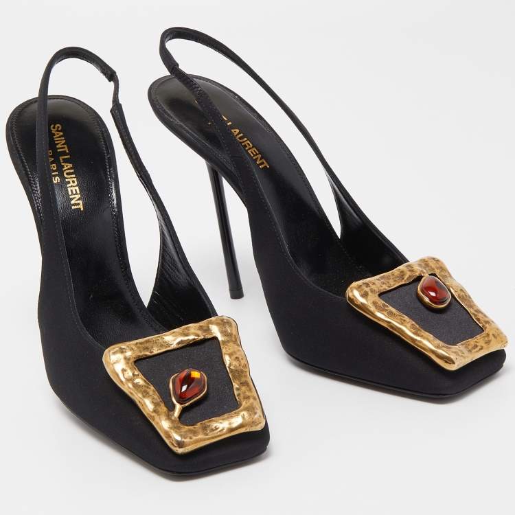 Pre Owned Saint Laurent Black Canvas  Buckle Detail Maxine Slingback Pumps Size 39