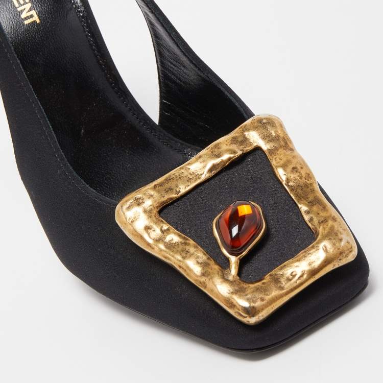 Pre Owned Saint Laurent Black Canvas  Buckle Detail Maxine Slingback Pumps Size 39