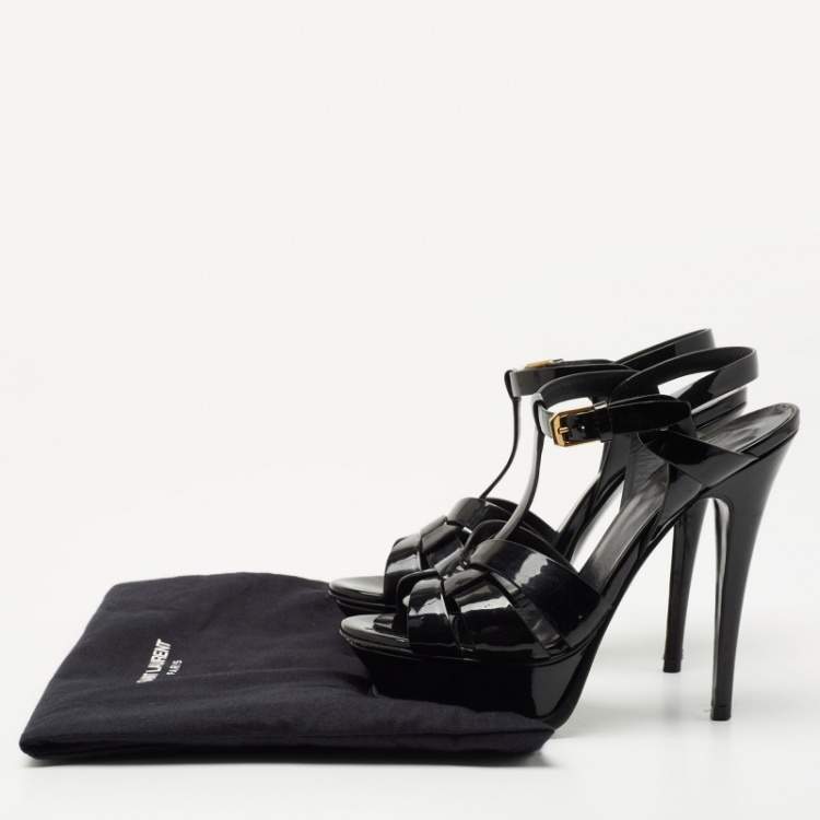 Pre Owned Saint Laurent Navy Blue Patent Tribute Sandals Size 36