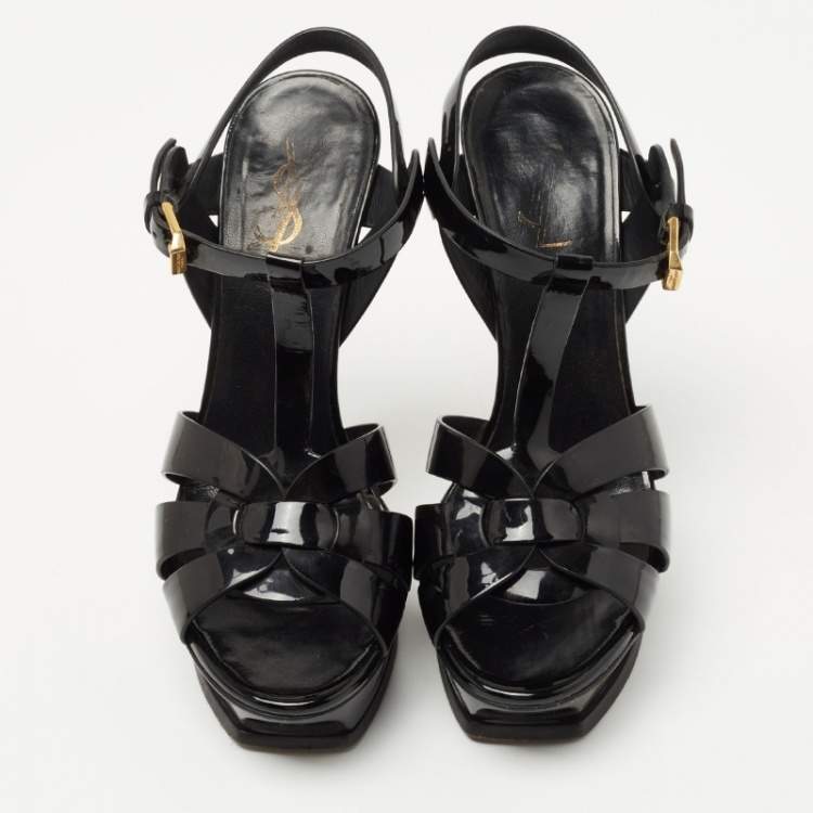 Pre Owned Saint Laurent Navy Blue Patent Tribute Sandals Size 36