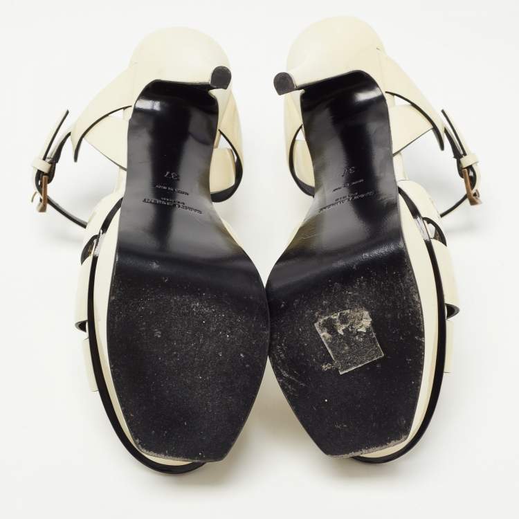 Pre Owned Saint Laurent White Patent Leather Tribute Platform Ankle Strap Sandals Size 37