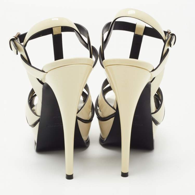 Pre Owned Saint Laurent White Patent Leather Tribute Platform Ankle Strap Sandals Size 37