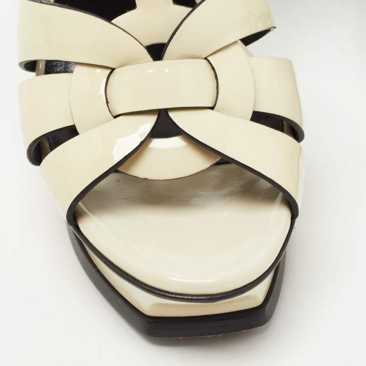 Pre Owned Saint Laurent White Patent Leather Tribute Platform Ankle Strap Sandals Size 37