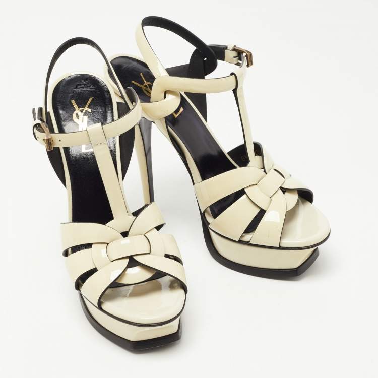 Pre Owned Saint Laurent White Patent Leather Tribute Platform Ankle Strap Sandals Size 37