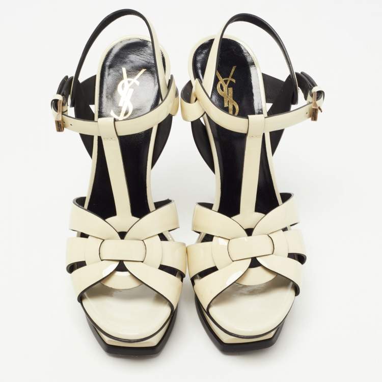 Pre Owned Saint Laurent White Patent Leather Tribute Platform Ankle Strap Sandals Size 37