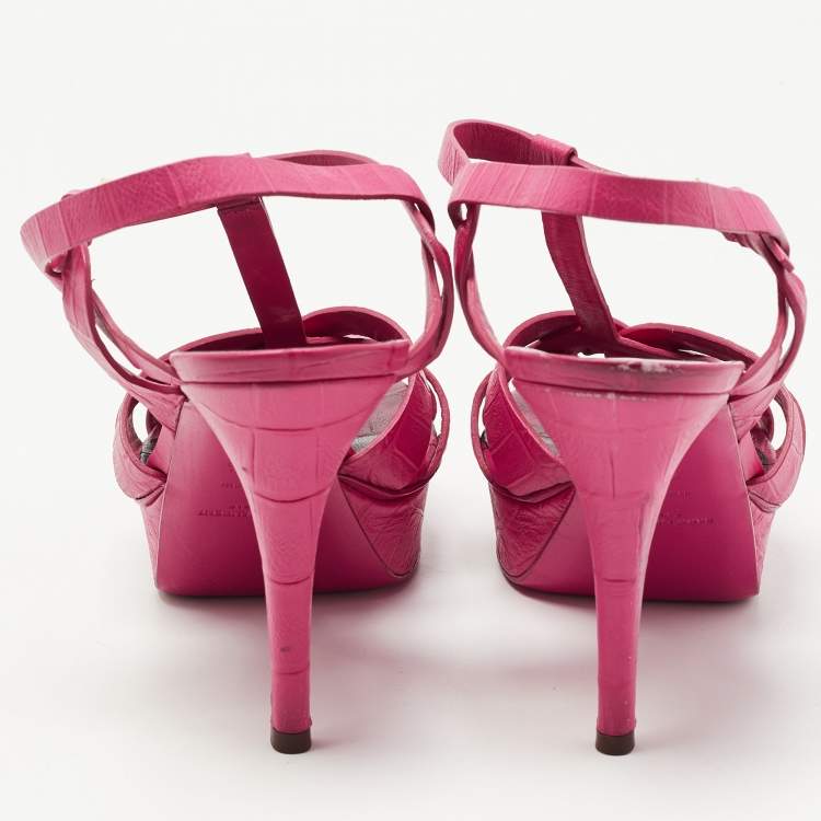 Pre Owned Saint Laurent Pink Croc Embossed Leather Tribute Sandals Size 39.5