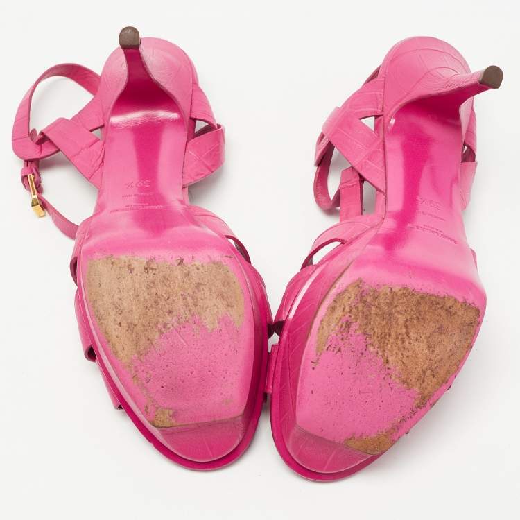 Pre Owned Saint Laurent Pink Croc Embossed Leather Tribute Sandals Size 39.5