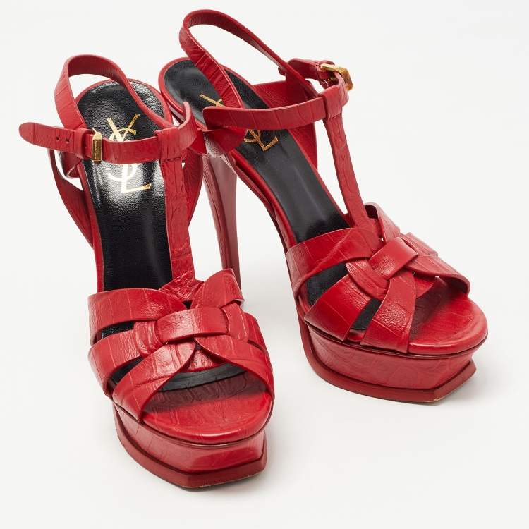 مملوكة مسبقًا Saint Laurent Red Croc Embossed Leather Tribute Sandals Size 37