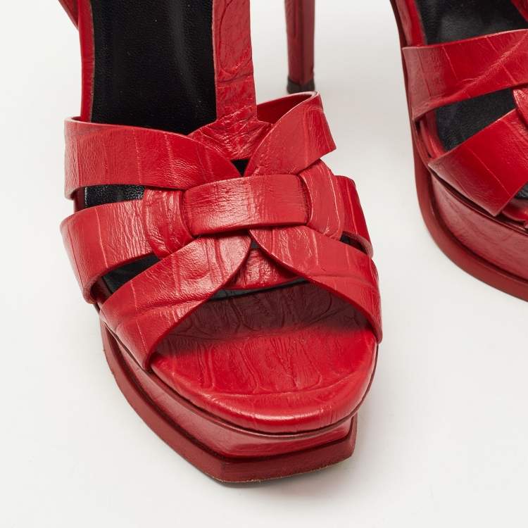 مملوكة مسبقًا Saint Laurent Red Croc Embossed Leather Tribute Sandals Size 37