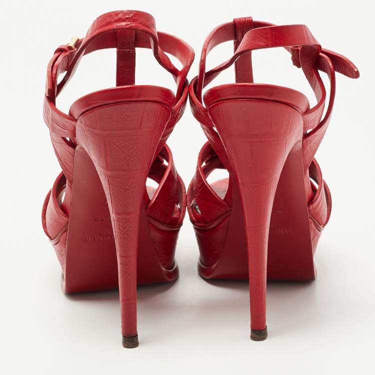 مملوكة مسبقًا Saint Laurent Red Croc Embossed Leather Tribute Sandals Size 37