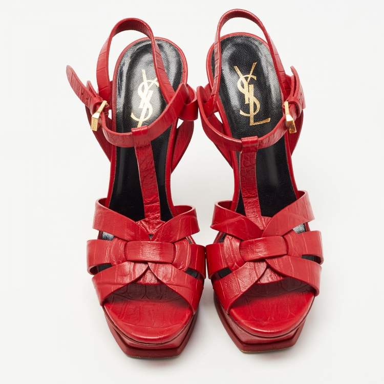 مملوكة مسبقًا Saint Laurent Red Croc Embossed Leather Tribute Sandals Size 37