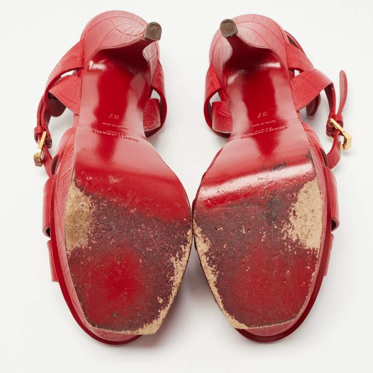 مملوكة مسبقًا Saint Laurent Red Croc Embossed Leather Tribute Sandals Size 37