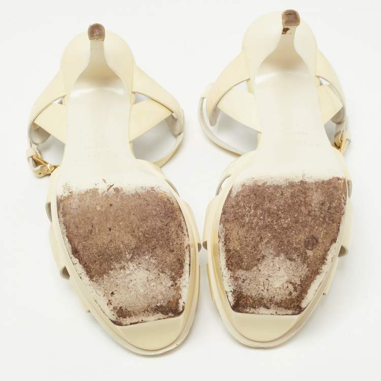Pre Owned Saint Laurent Cream Patent Leather Tribute Sandals Size 38