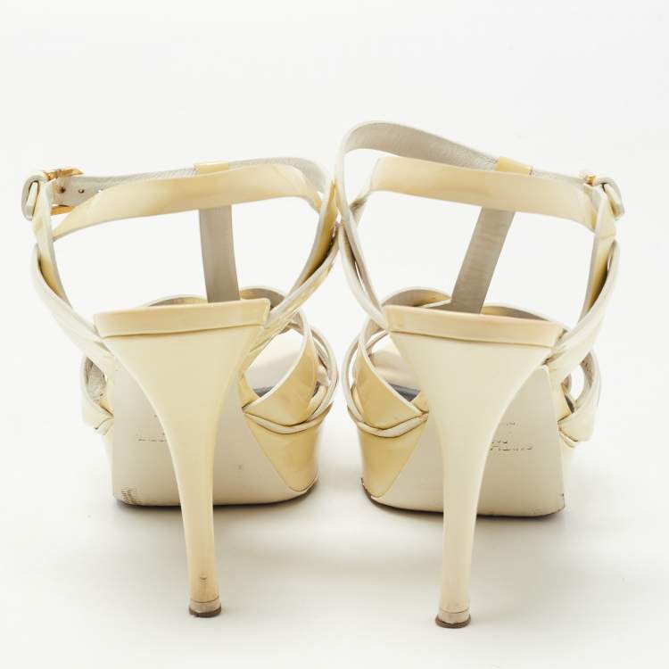 Pre Owned Saint Laurent Cream Patent Leather Tribute Sandals Size 38