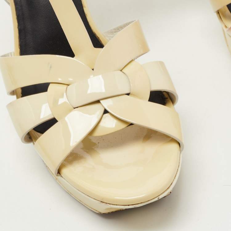 Pre Owned Saint Laurent Cream Patent Leather Tribute Sandals Size 38