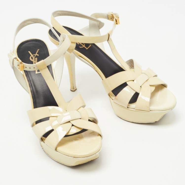 Pre Owned Saint Laurent Cream Patent Leather Tribute Sandals Size 38