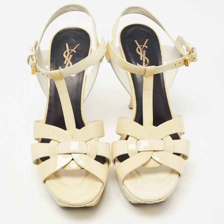 Pre Owned Saint Laurent Cream Patent Leather Tribute Sandals Size 38