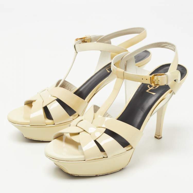 Pre Owned Saint Laurent Cream Patent Leather Tribute Sandals Size 38