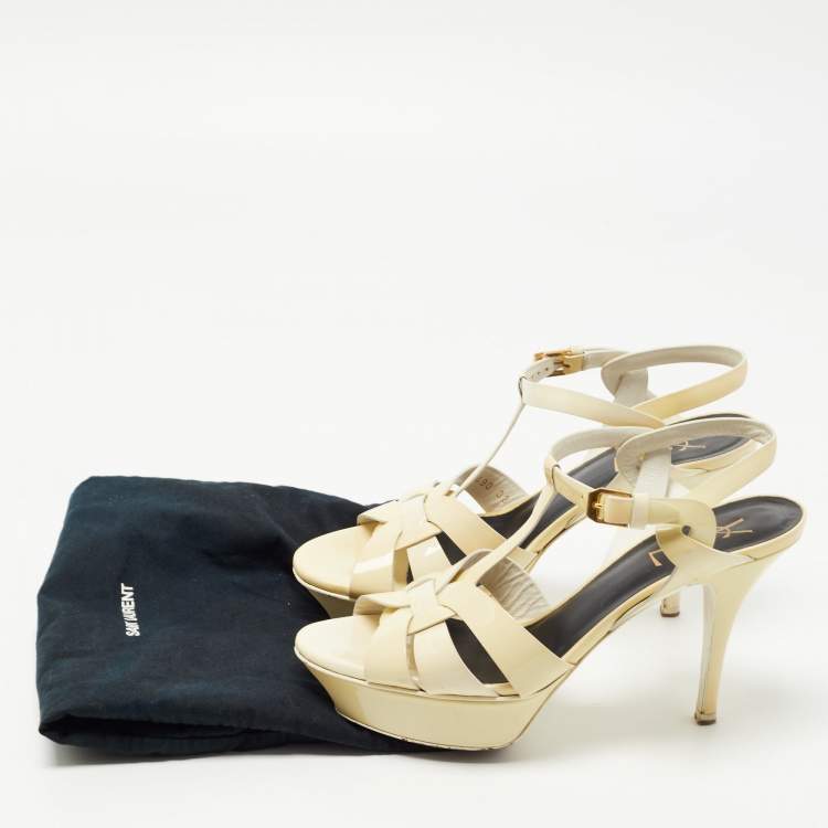Pre Owned Saint Laurent Cream Patent Leather Tribute Sandals Size 38