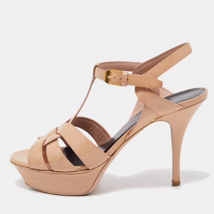 Pre Owned Saint Laurent Beige Patent Leather Tribute Sandals Size 37