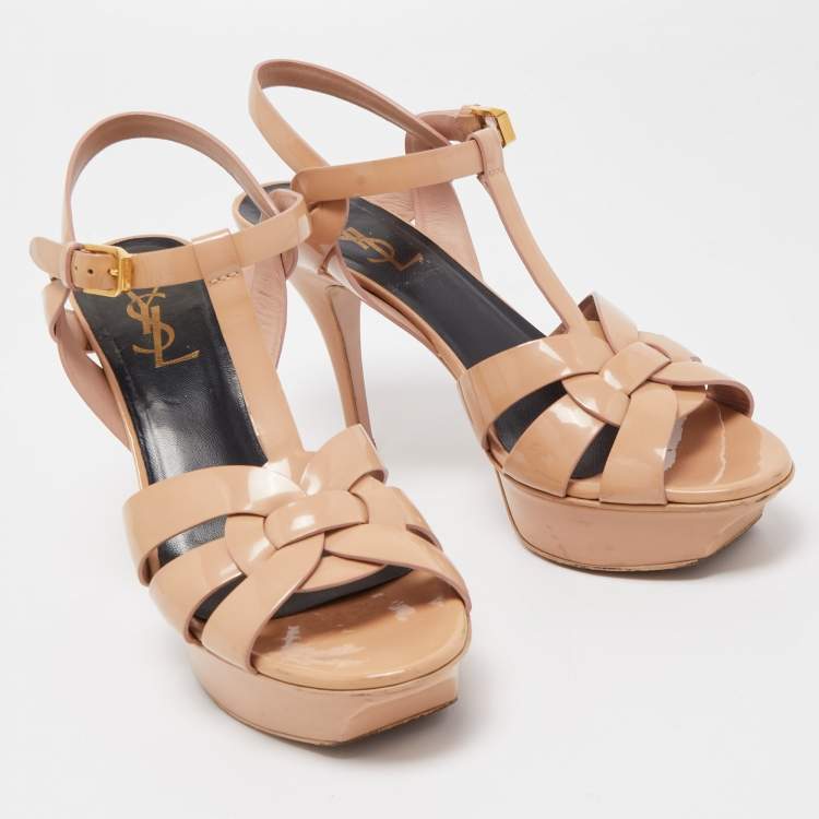 Pre Owned Saint Laurent Beige Patent Leather Tribute Sandals Size 37