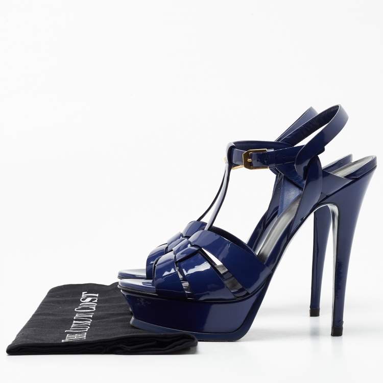 Pre Owned Saint Laurent Blue Patent Leather Tribute Sandals Size 38