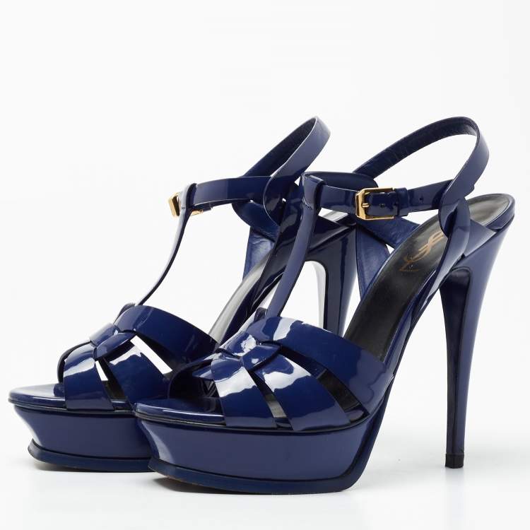 Pre Owned Saint Laurent Blue Patent Leather Tribute Sandals Size 38