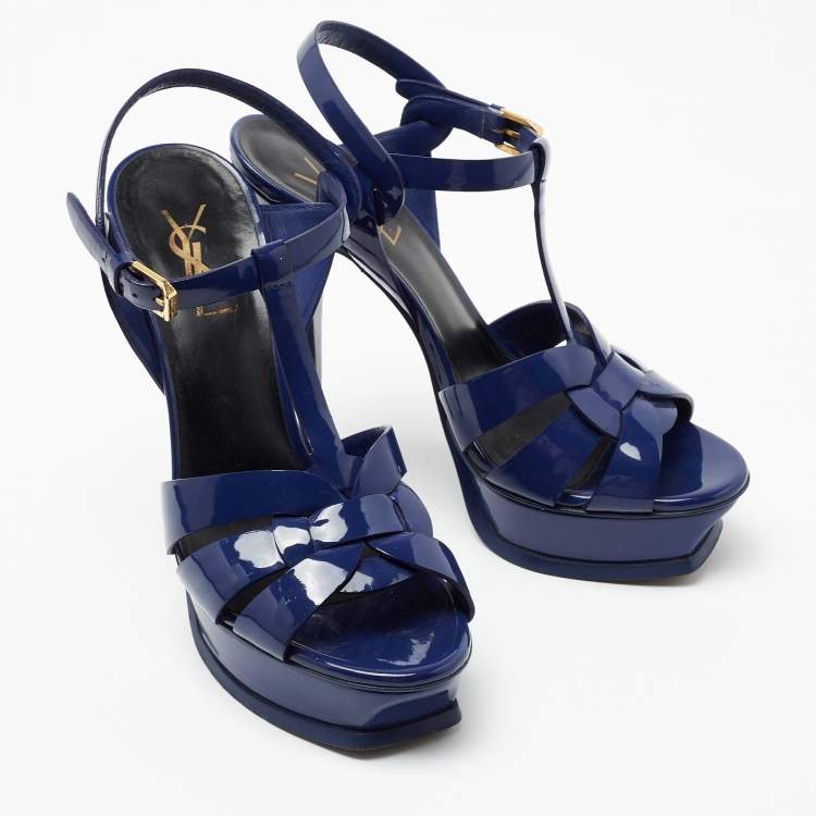 Pre Owned Saint Laurent Blue Patent Leather Tribute Sandals Size 38