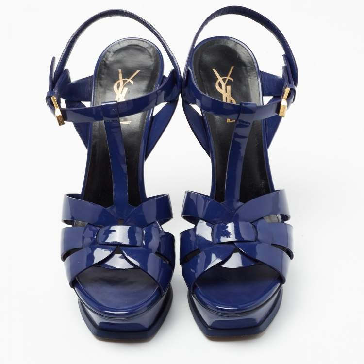 Pre Owned Saint Laurent Blue Patent Leather Tribute Sandals Size 38