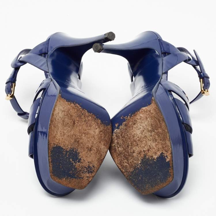 Pre Owned Saint Laurent Blue Patent Leather Tribute Sandals Size 38