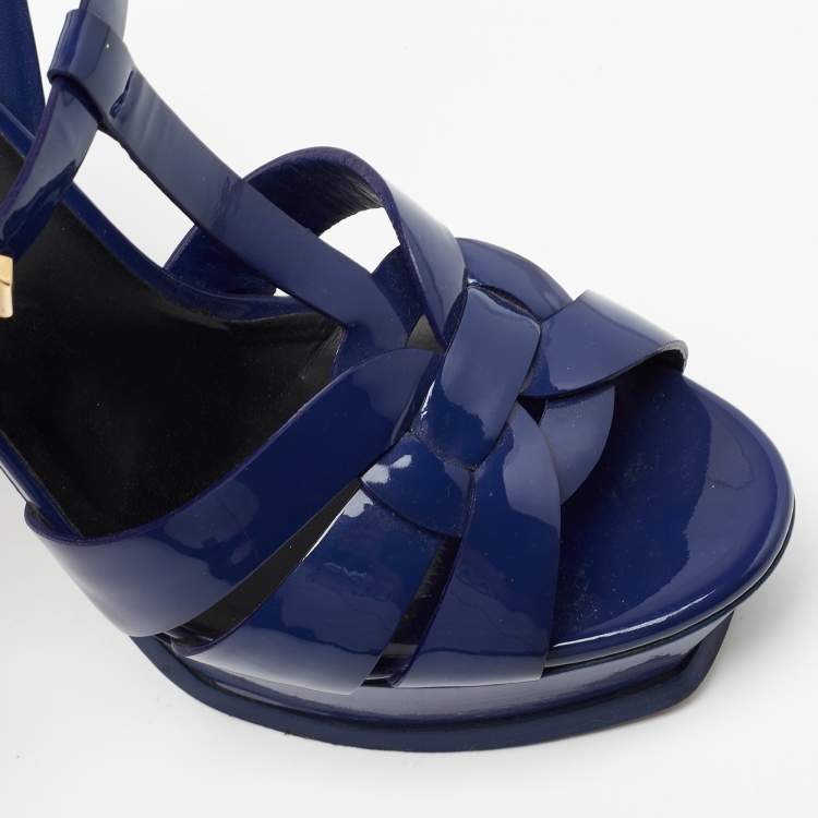 Pre Owned Saint Laurent Blue Patent Leather Tribute Sandals Size 38