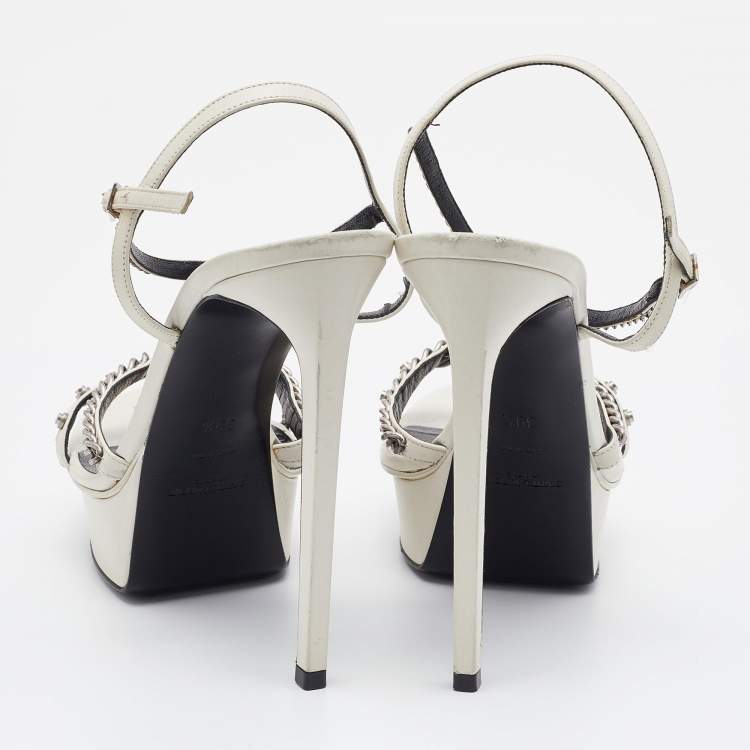 Pre Owned Saint Laurent Off White Leather Chain Embellished Strappy Sandals Size 39.5