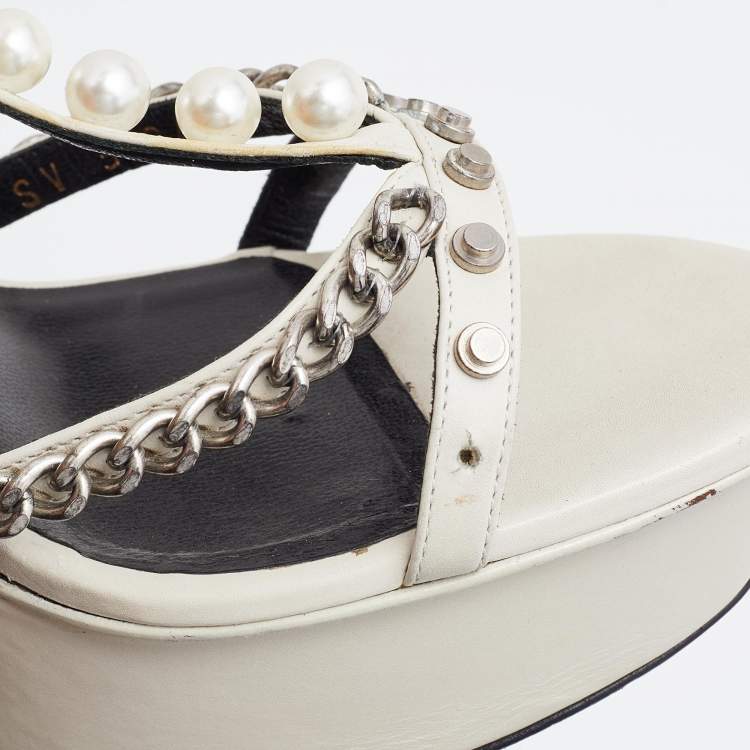 Pre Owned Saint Laurent Off White Leather Chain Embellished Strappy Sandals Size 39.5