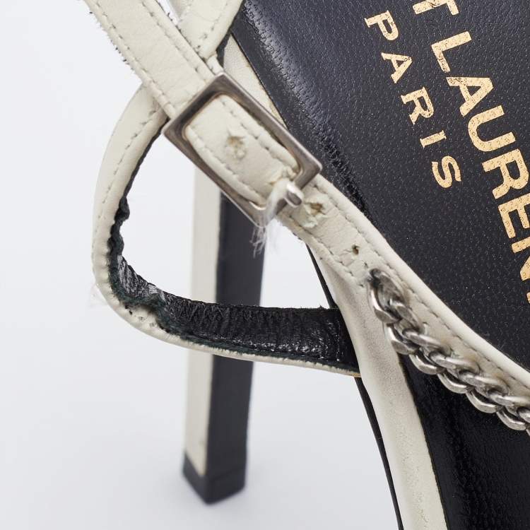 Pre Owned Saint Laurent Off White Leather Chain Embellished Strappy Sandals Size 39.5