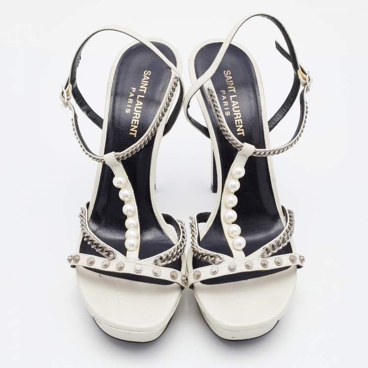 Pre Owned Saint Laurent Off White Leather Chain Embellished Strappy Sandals Size 39.5