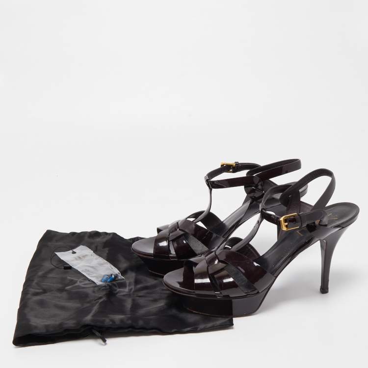 Pre Owned Saint Laurent Burgundy Patent Leather Tribute Sandals Size 37.5