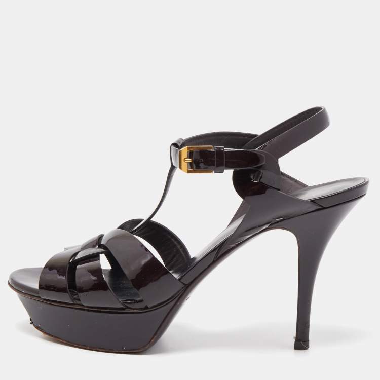 Pre Owned Saint Laurent Burgundy Patent Leather Tribute Sandals Size 37.5