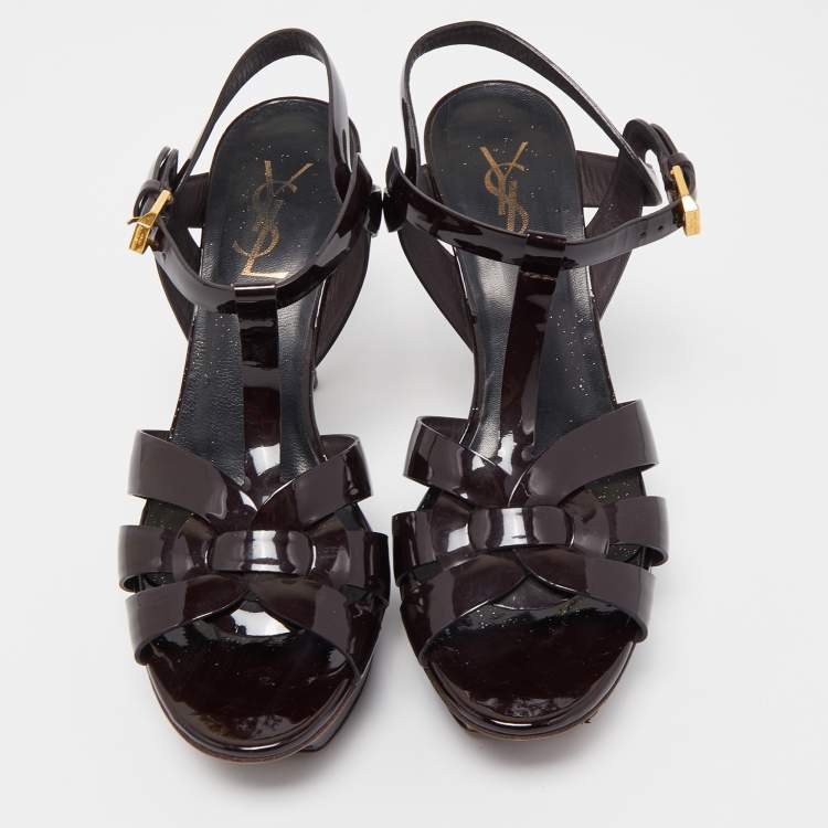 Pre Owned Saint Laurent Burgundy Patent Leather Tribute Sandals Size 37.5