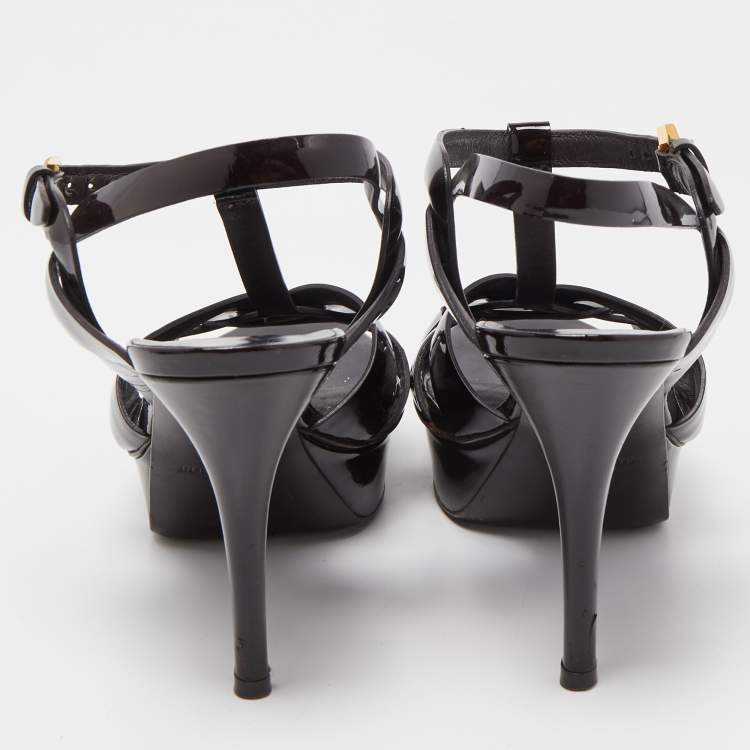 Pre Owned Saint Laurent Burgundy Patent Leather Tribute Sandals Size 37.5