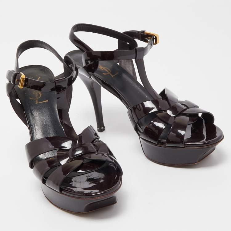 Pre Owned Saint Laurent Burgundy Patent Leather Tribute Sandals Size 37.5