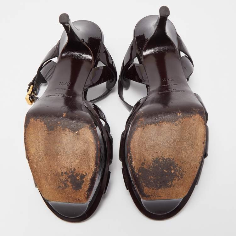 Pre Owned Saint Laurent Burgundy Patent Leather Tribute Sandals Size 37.5